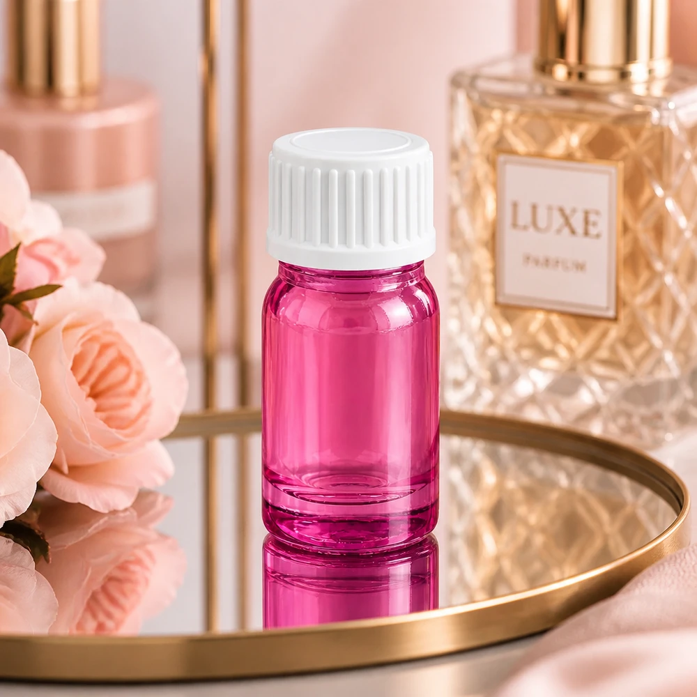Frasco de 5 ml (glóbulo) com anel de vazamento de 3 mm branco padrão PurpleLine UT18/5 Frasco de vidro compacto de 5 ml em cor-de-rosa com tampa branca para aplicações móveis de perfumaria e cosmética
