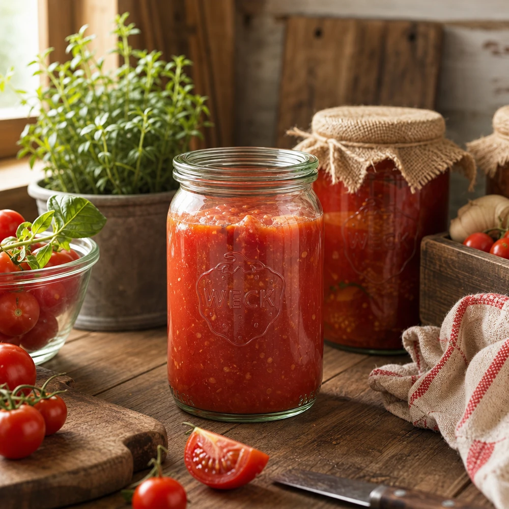 Frasco de conserva WECK de 145 ml cheio de molho de tomate numa cozinha rústica com tomates frescos e ervas aromáticas