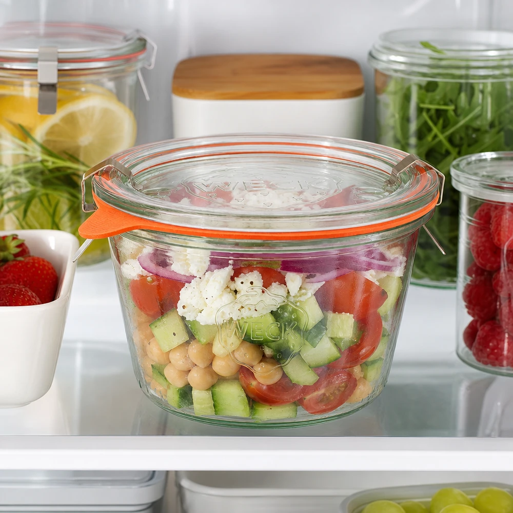 370ml Sturzglas komplett WECK RR100 Os copos WECK 370ml RR100 cheios de salada fresca no frigorífico mostram o armazenamento ideal da Preparação de Refeições