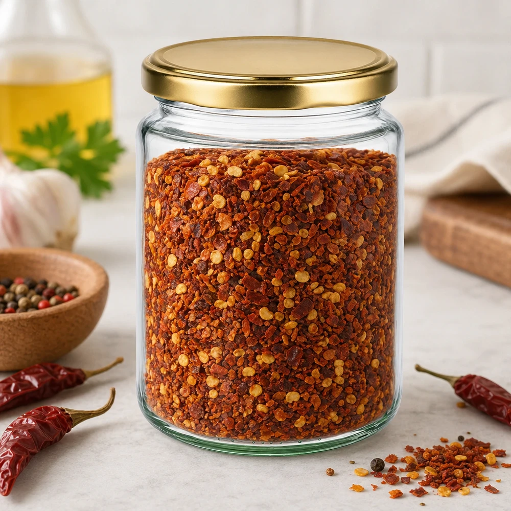 O frasco de mel de 450 g cheio de flocos de malagueta mostra a utilização versátil do frasco BasicSeal para especiarias e armazenamento na cozinha