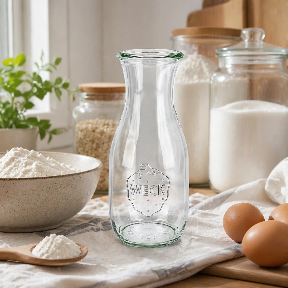 Garrafa para sumo WECK RR60 de 530 ml WECK Saftflasche 530ml RR60 leer in natürlicher Küchenszene mit Eiern Mehl und Vorratsgläsern für Backen kochen