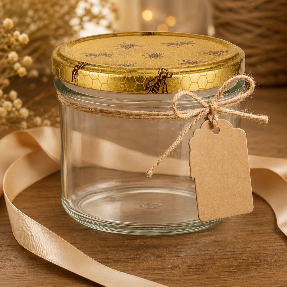 Frasco de mel de 250 g vazio com tampa em favo de mel etiqueta de oferta fio de juta e decoração com fita