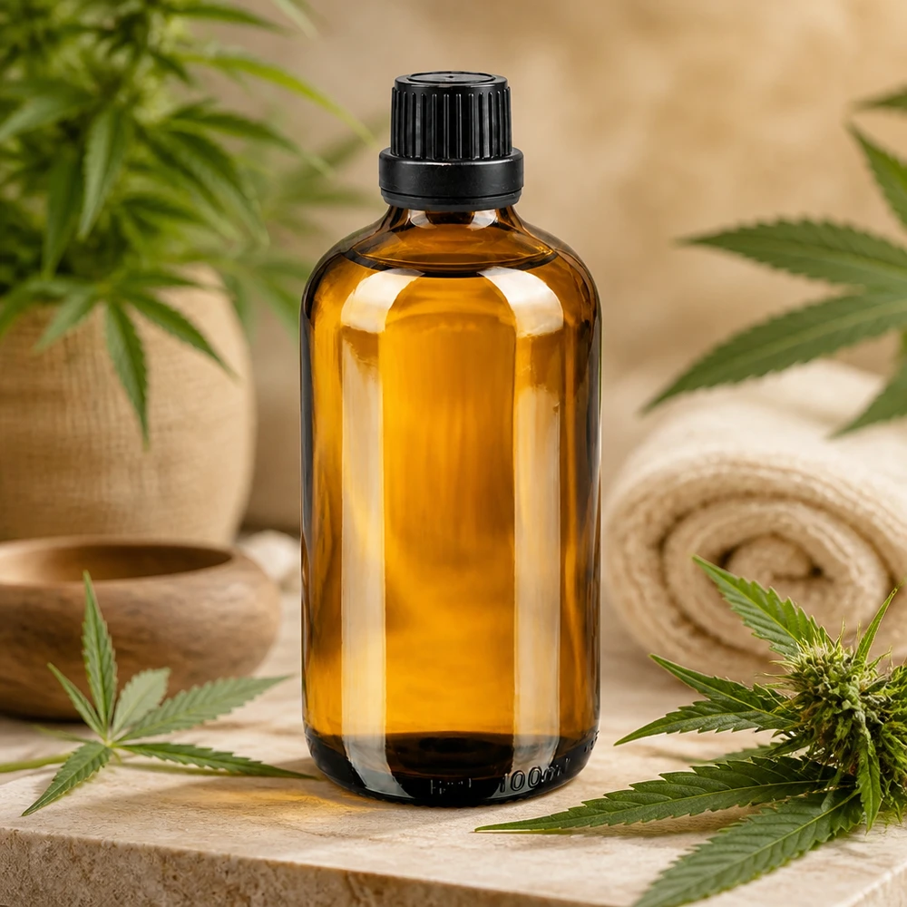 Frasco conta-gotas de vidro castanho de 100 ml com tampa OV preta, entre folhas de canábis sobre um fundo de pedra