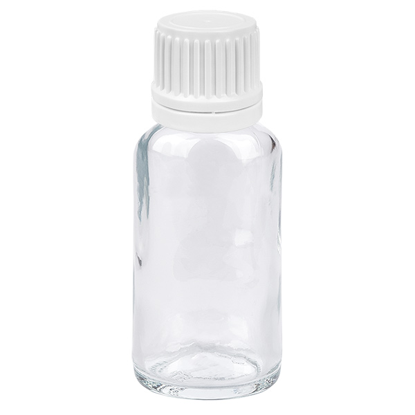 Frasco conta-gotas de 20 ml com tampa inviolável branca de 0,7 mm ClearLine UT18/20 Frasco conta-gotas de 20 ml com tampa inviolável branca de 0,7 mm ClearLine UT18/20