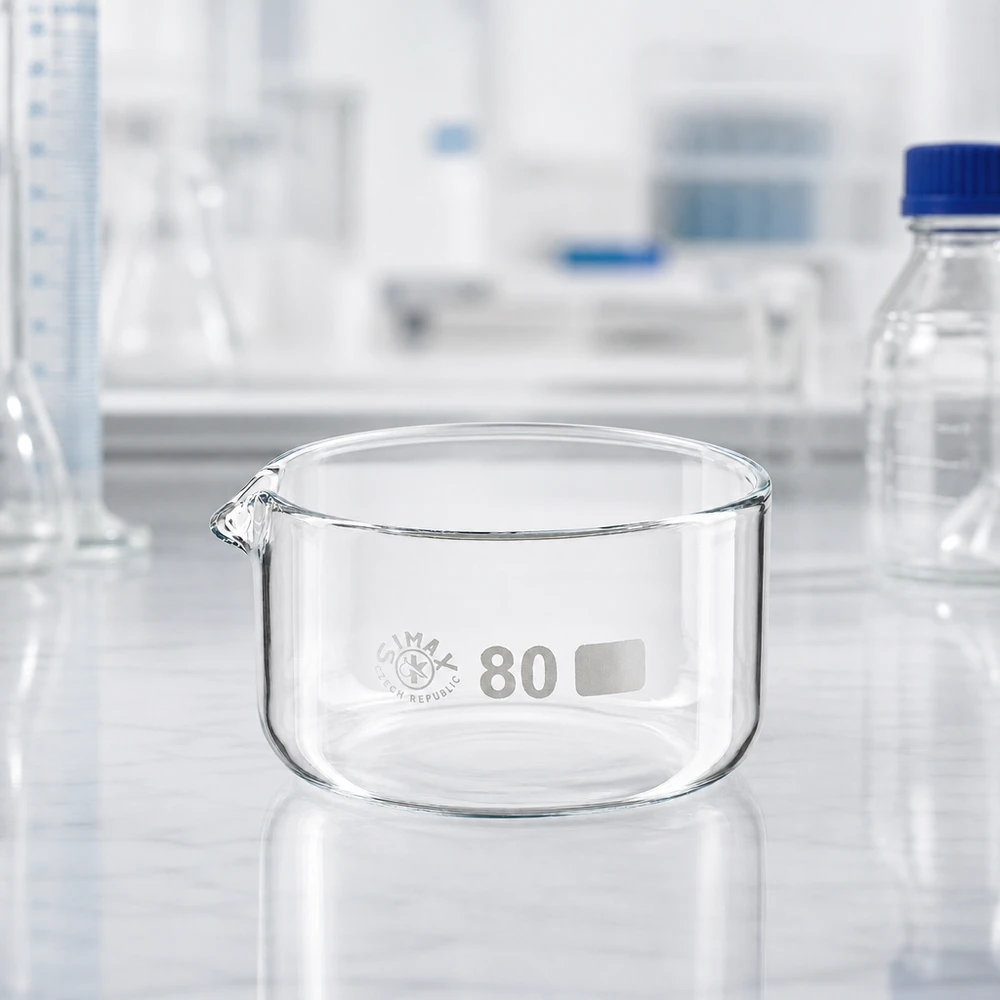 Taça de cristalização de 150ml com bico em borosilicato ø80mm Taça de cristalização vazia de 150 ml com bico vertedor para ambiente laboratorial profissional, ø80 mm, SIMAX