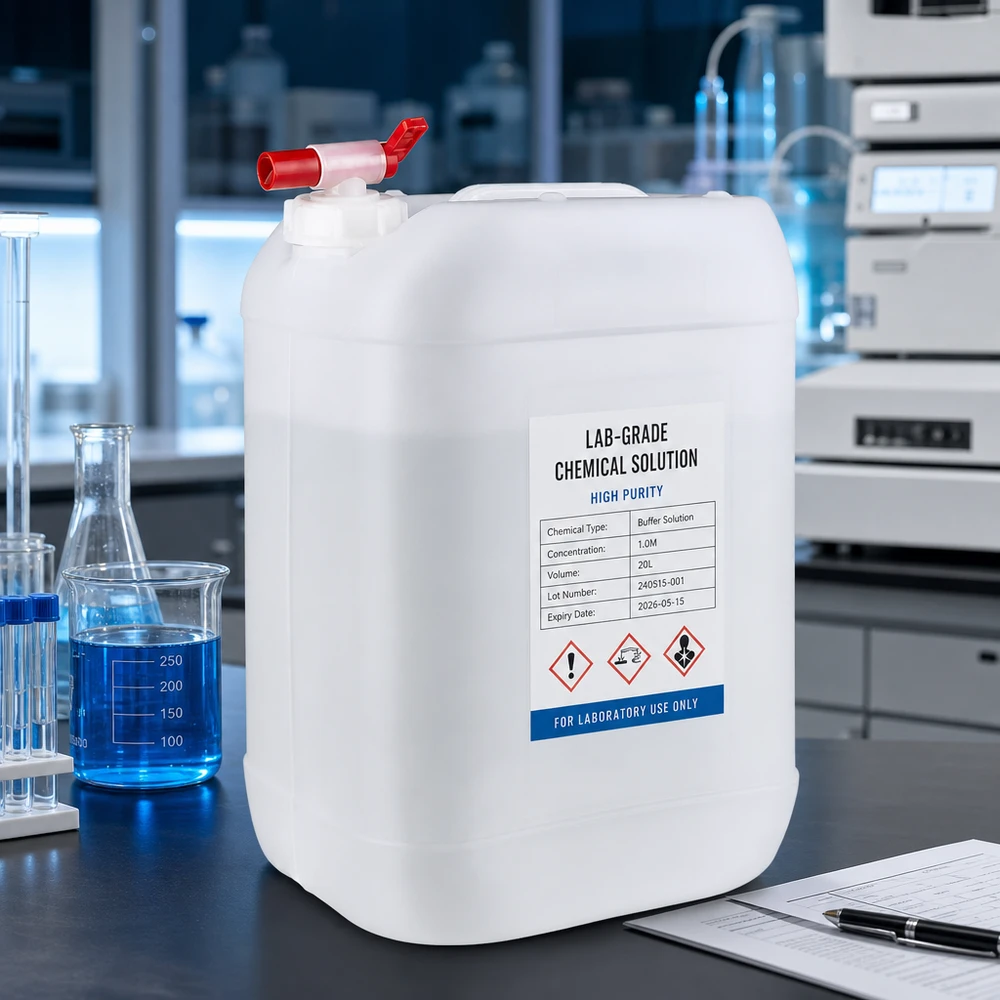 Bidão de 25 litros com torneira de escoamento Recipiente de laboratório de 25 litros com etiqueta de produtos químicos e torneira de drenagem vermelha para solução tampão