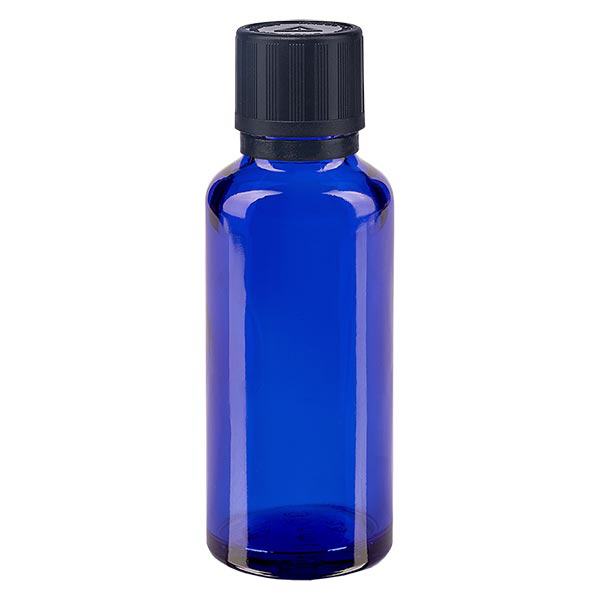 Frasco de farmácia azul 30ml tampa conta-gotas anel de vazamento 1mm preto fecho de segurança para crianças símbolo de aviso cego fecho inviolável