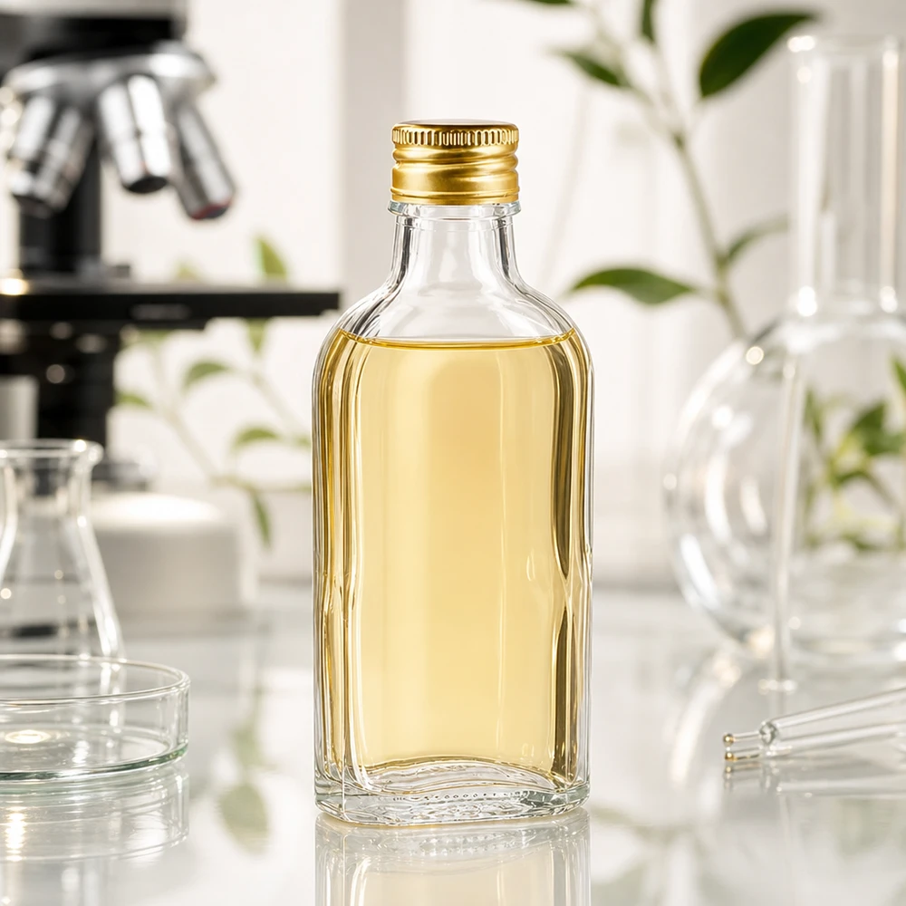 Frasco Meplat transparente de 100 ml com tampa de rosca PP22 dourada num laboratório científico