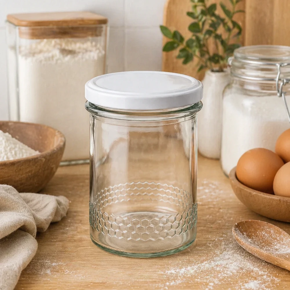 Frasco de mel de 400 ml com padrão de favo de mel na cozinha ao lado de ovos, farinha e frascos de armazenamento Equipamento de cozinha natural BasicSeal