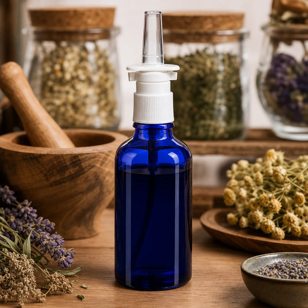 Frasco pulverizador farmacêutico azul de 50 ml com ervas e acessórios de medicina natural ao fundo