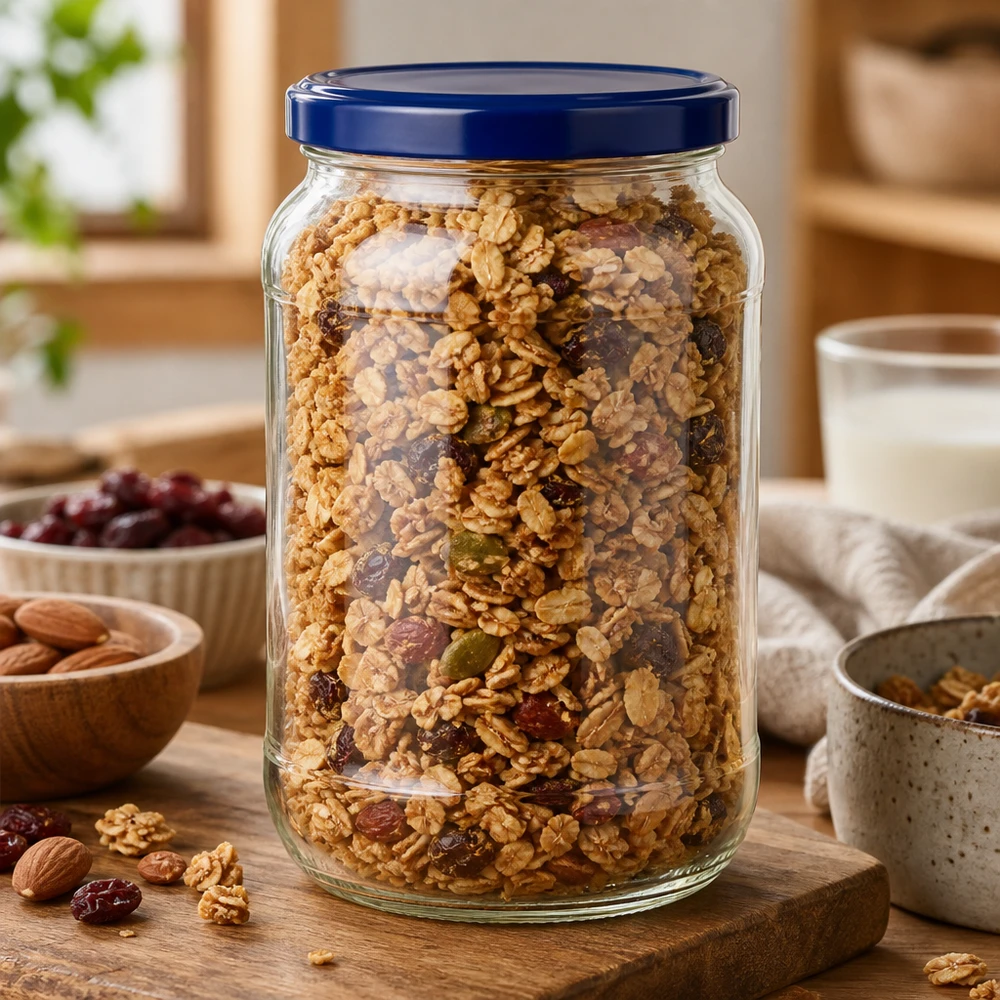 Frasco redondo UNiTWIST de 1062 ml com tampa azul com muesli frutos secos frasco de arrumação para cozinha tábua de madeira