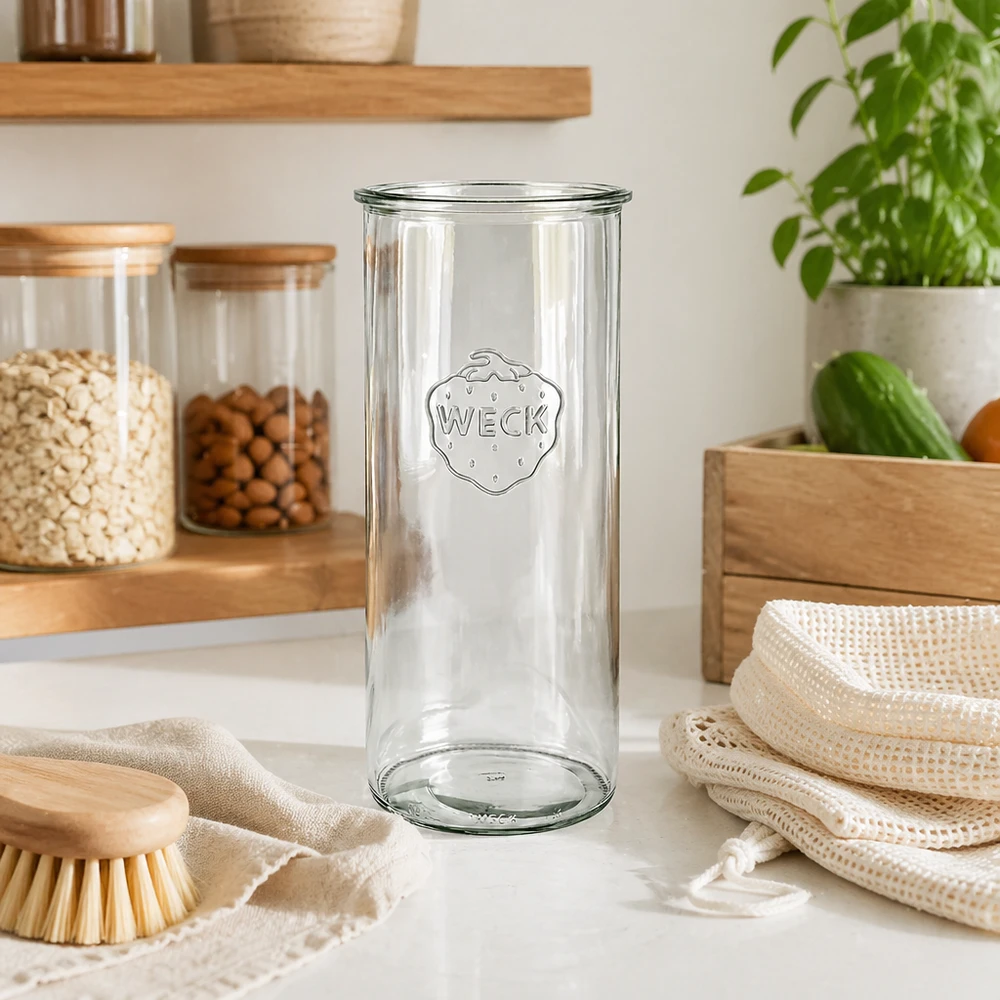 Frasco de vidro de 1500 ml WECK RR100 Frasco de vidro WECK RR100 de 1500 ml numa cozinha moderna com prateleiras de madeira e produtos sustentáveis