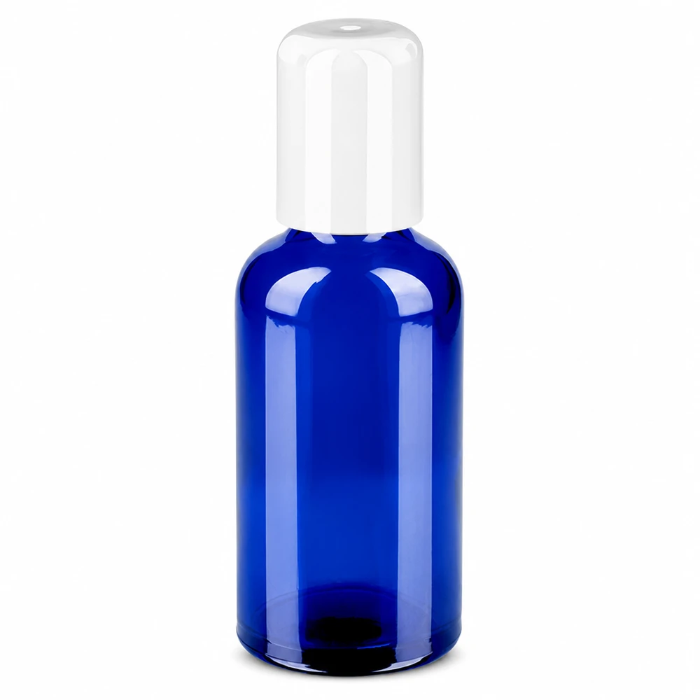 Frasco roll-on de 50 ml azul com tampa branca para cosméticos e óleos essenciais