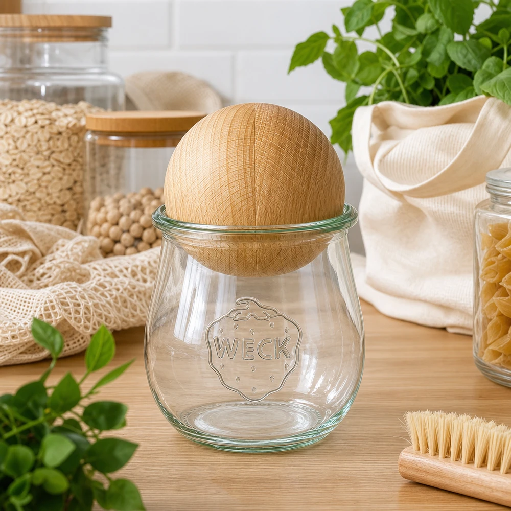 Frasco de tulipas de 220ml WECK RR60 com bola de madeira de faia WECK Tulpenglas RR60 220ml mit Buchenholzkugel in nachhaltiger Zero-Waste Küche neben Naturfasern und Kräutern