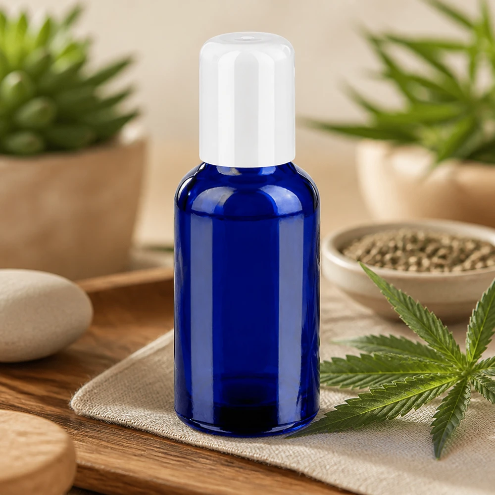 Frasco roll-on vazio de 30 ml em vidro azul com tampa de plástico branca para cosméticos DIY