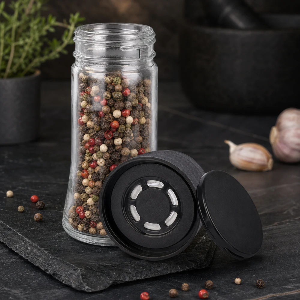 Frasco para sal/especiarias de 95 ml com moinho (grão grosso), preto Sortido colorido de grãos de pimenta num frasco de especiarias de 95 ml com moinho de pimenta preta e tampa removível