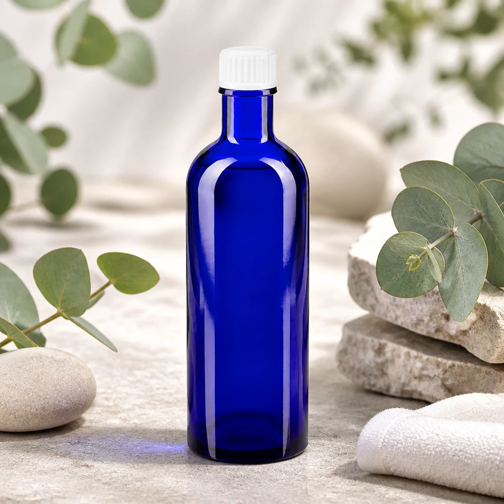 Frasco de farmácia de 200 ml, azul, com tampa de rosca branca de vidro com segurança para crianças