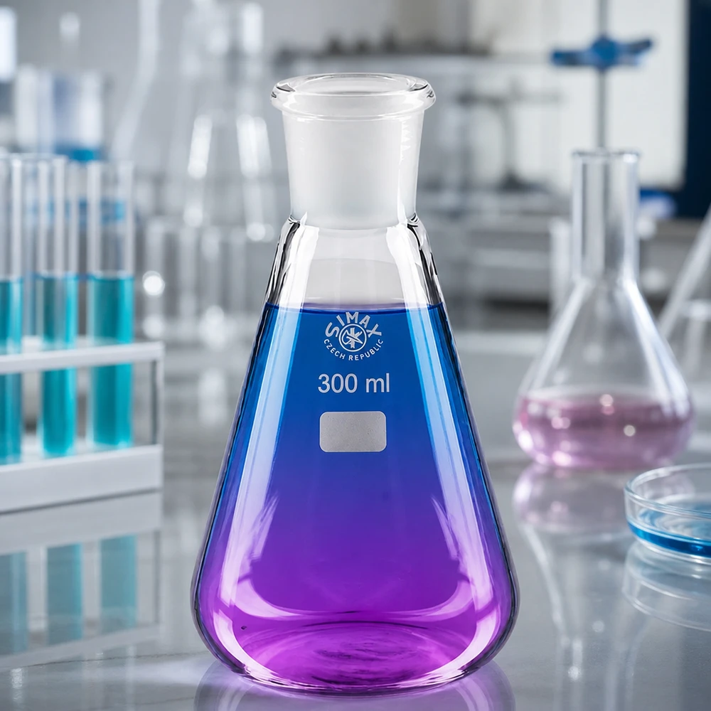 Balão Erlenmeyer de 300 ml com líquido violeta e junta esmerilada normalizada 29/32 para experiências químicas