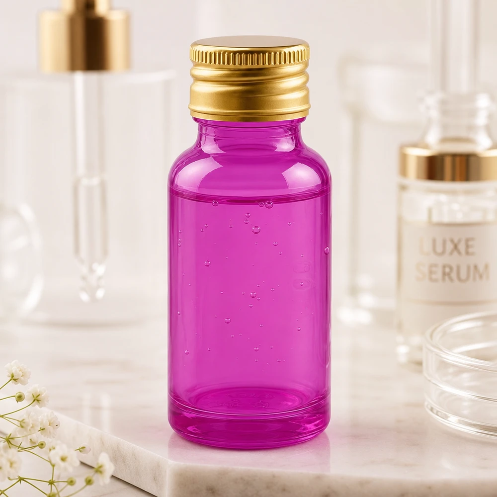 Frasco de 20 ml com tampa de rosca de 11 mm em alumínio dourado padrão PurpleLine. UT18/20 Frasco de vidro de 20 ml de qualidade superior em roxo brilhante com elegante tampa de alumínio dourada para séruns de luxo