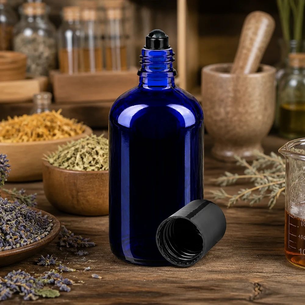 Frasco de vidro de farmácia azul de 100 ml com tampa de bola rolante preta, entre ervas secas e lavanda