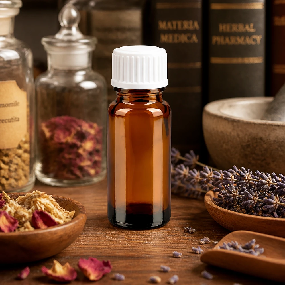 Frasco conta-gotas castanho de 10 ml STD com tampa branca, ao lado de livros de Materia Medica e ervas