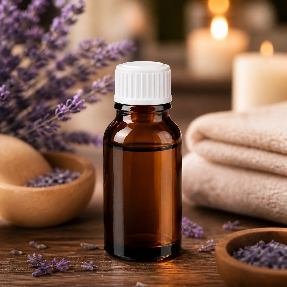 Frasco de farmácia castanho 15ml tampa de rosca branca standard Frasco de farmácia de 15 ml, castanho, com tampa de rosca branca, rodeado por flores de lavanda e velas