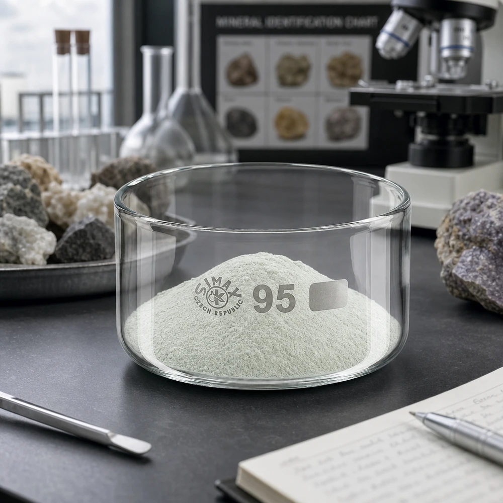 300ml Kristallisierschale ohne Ausguss Borosilikat ø95mm Pó mineral branco numa taça de cristalização Simax de 300 ml, com 95 mm de diâmetro, para laboratório geológico