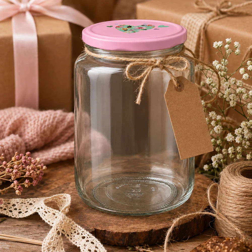 Frasco redondo de 795 ml + tampa BasicSeal cor-de-rosa UNiTWIST Dekoratives Rundglas 795ml mit rosa Herzdeckel als Geschenkidee rustikale Präsentation mit Anhänger und Juteschnur