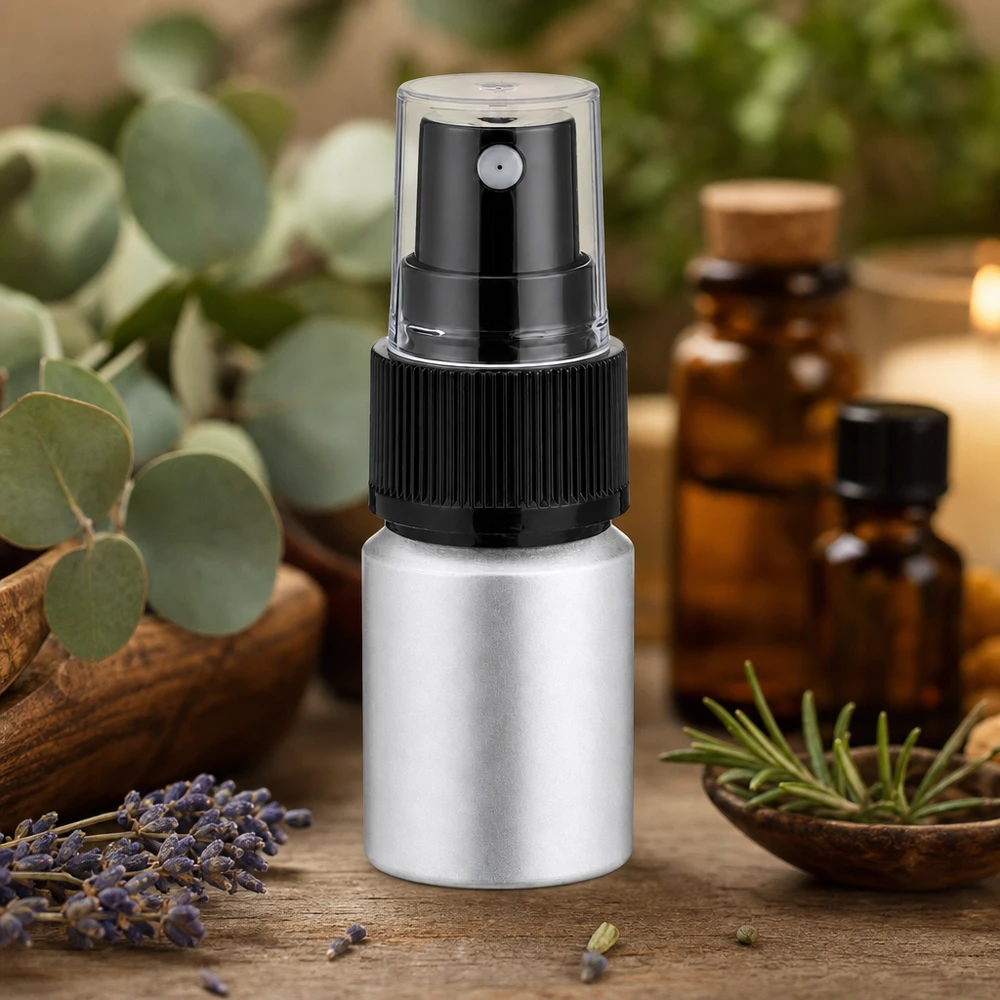 Frasco de alumínio polido de 10ml com atomizador Frasco de alumínio de 10 ml manchado com cabeça de pulverização para óleos essenciais e aromaterapia prata