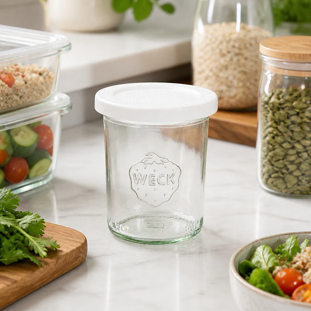 Copos WECK 160ml RR60 numa cozinha moderna com frascos de arrumação, salada e ervas frescas - arrumação versátil