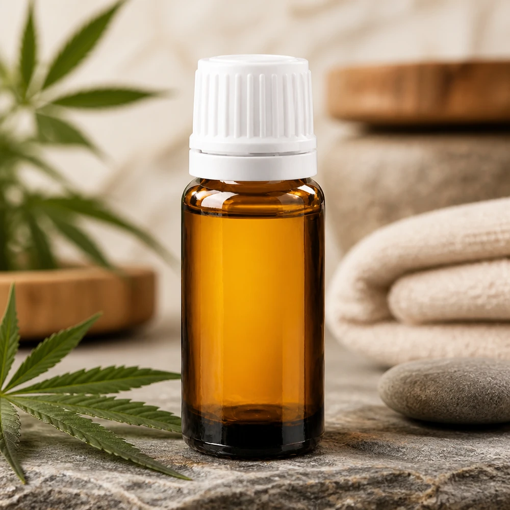 Frasco castanho com proteção UV de 10 ml e tampa OV branca, ideal para óleo de CBD e cosméticos naturais
