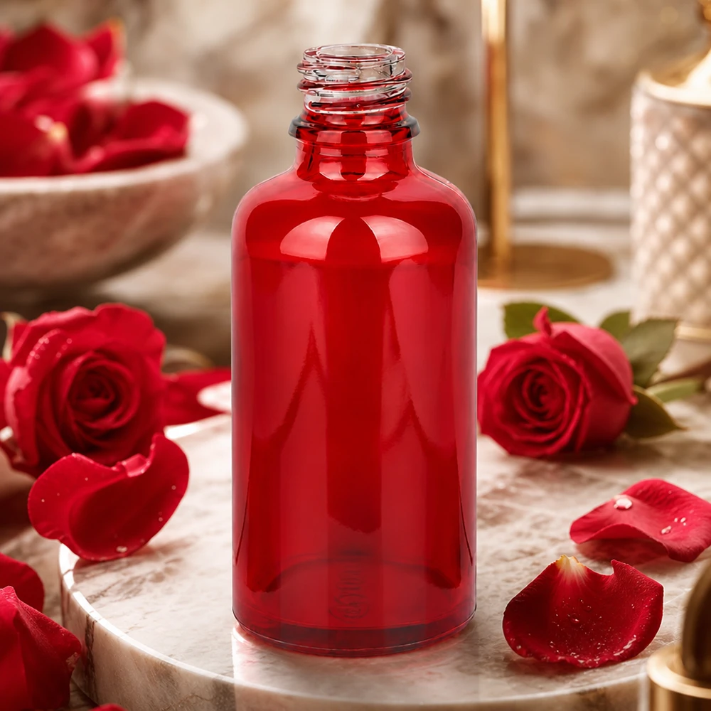 Frasco de vidro vermelho de 50 ml RedLine UT18/50 UNiTWIST com sistema de fecho UNiTWIST para armazenamento seguro