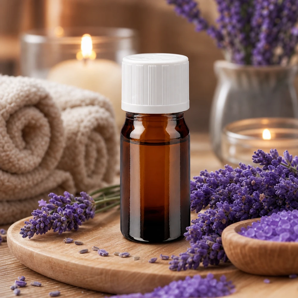Frasco de vidro castanho para aromaterapia de 5 ml com tampa de segurança infantil branca, sobre uma bandeja de madeira com lavanda