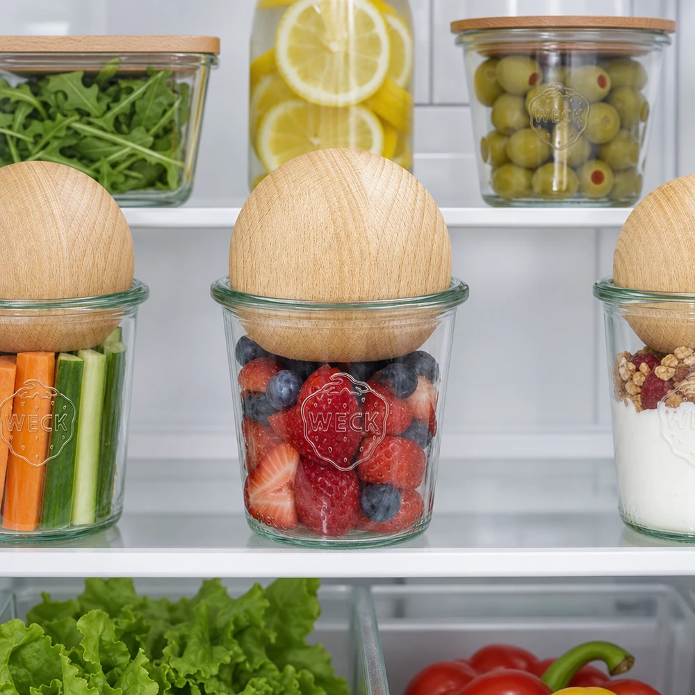 290ml Sturzglas hoch WECK RR80 mit Holzkugel Buche Frascos WECK 290ml RR80 com pérolas de faia no frigorífico para guardar bagas e legumes