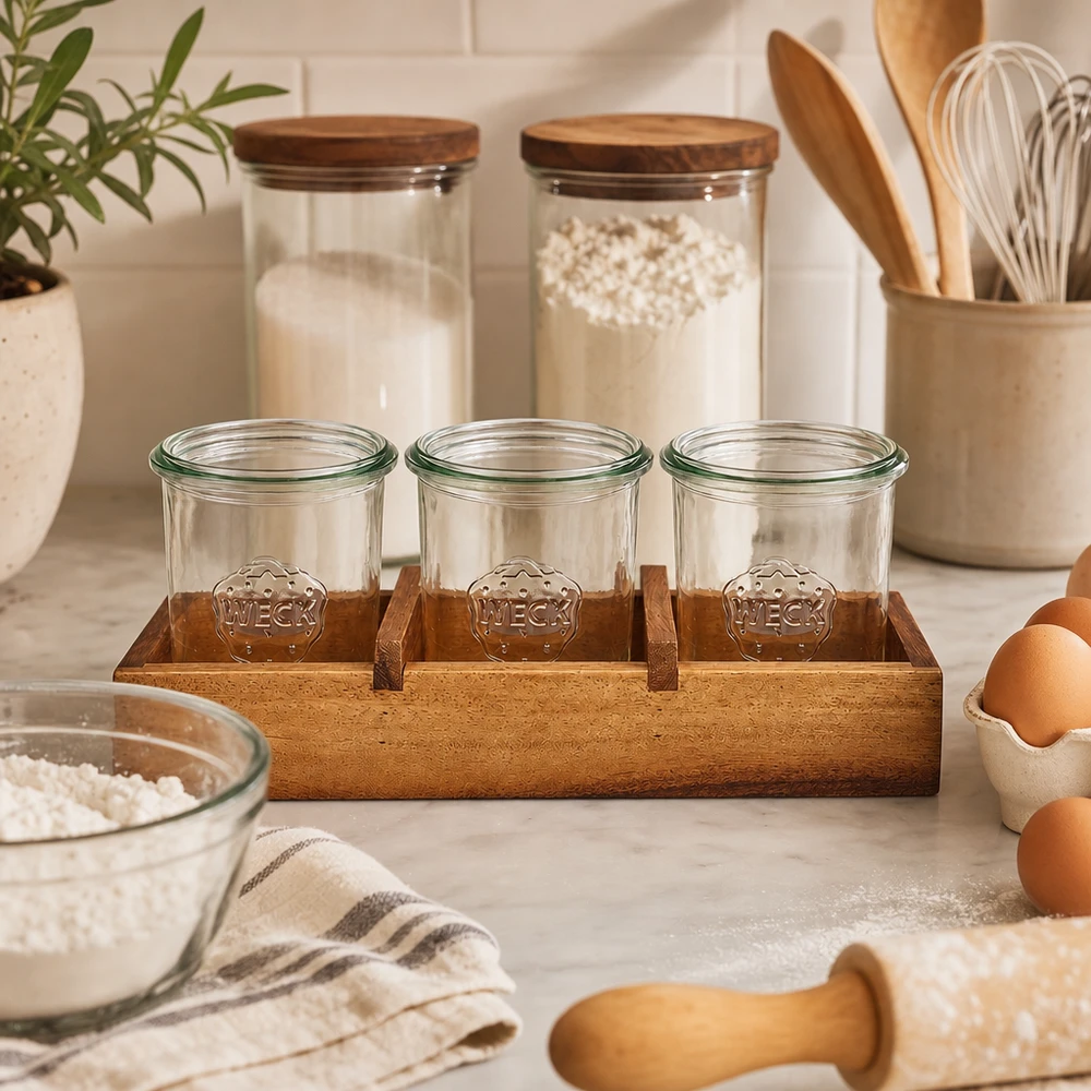 Frascos WECK em tabuleiro de madeira de acácia Caixa3 Cena de cozinha Ingredientes de pastelaria Ovos Farinha Grão de madeira natural Armazenamento