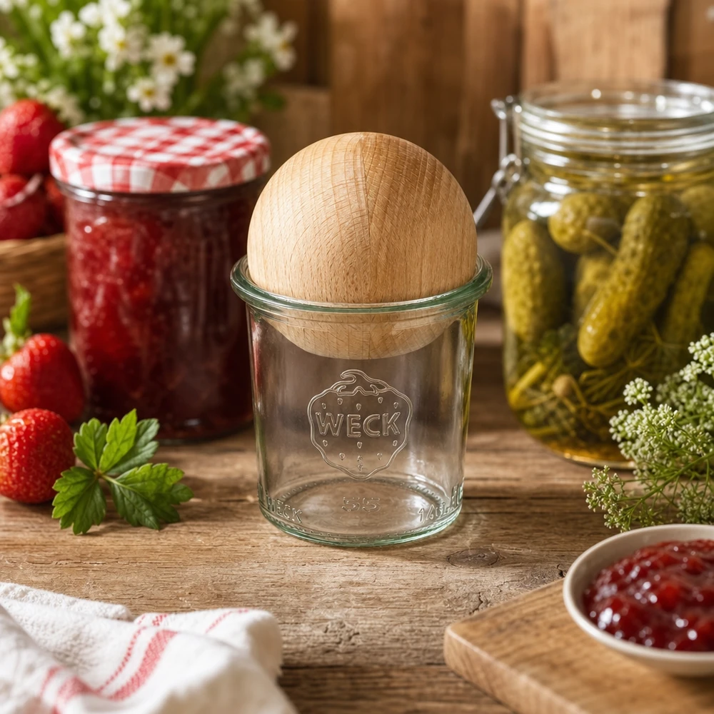Copos de vidro WECK RR60 de 140ml com bola de madeira em faia Frasco WECK 140ml RR60 em cozinha rústica com compota e pepinos em conserva, tampa de madeira de faia visível