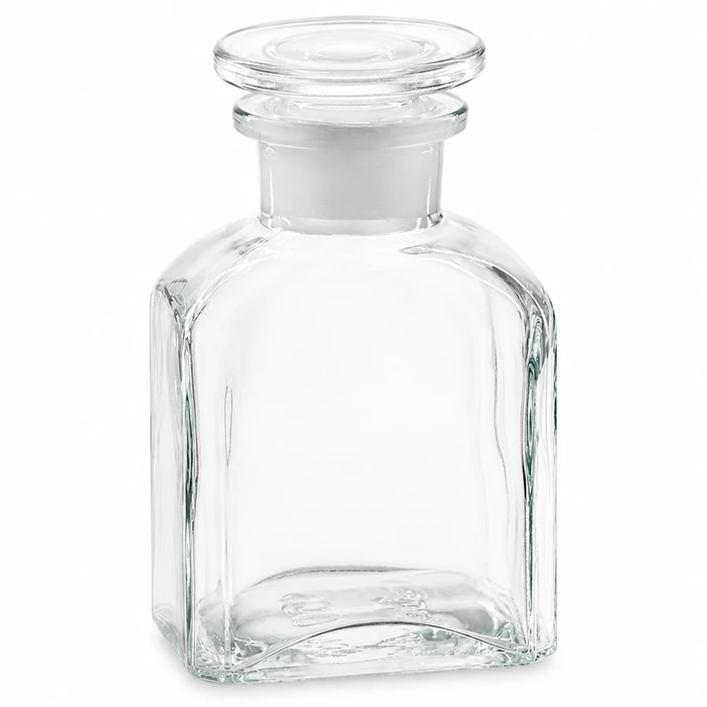 Frasco quadrado com 150 ml de rolha de vidro transparente de gargalo largo Frasco quadrado transparente de 150 ml com rolha de vidro, fabricado em vidro de alta qualidade, para uso em laboratório e doméstico