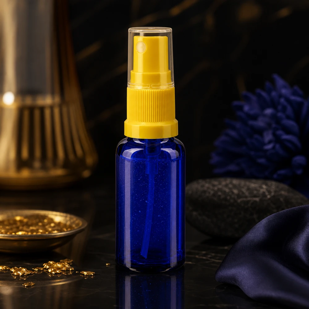 Frasco de farmácia azul 20ml spray top amarelo Frasco de spray azul de 20 ml em vidro de farmácia, com bico pulverizador amarelo e tampa protetora transparente