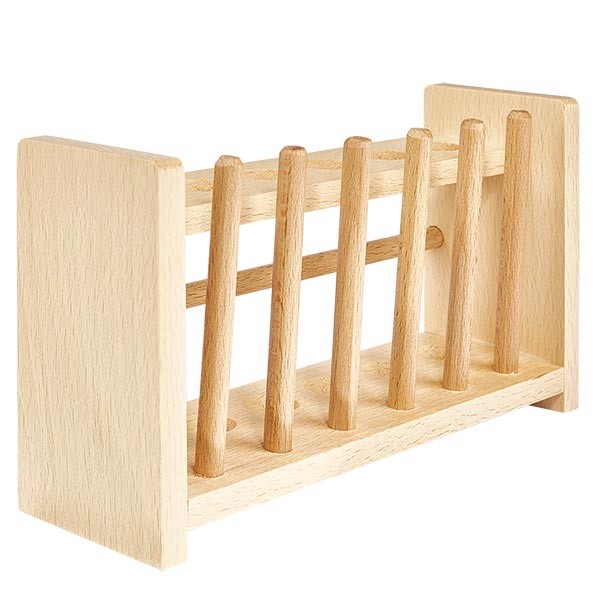 Suportes de madeira para tubos de ensaio, para tubos até aprox. 18 mm Ø para 6 tubos, com 6 hastes Suportes de madeira para tubos de ensaio, para tubos até aprox. 18 mm Ø para 6 tubos, com 6 hastes