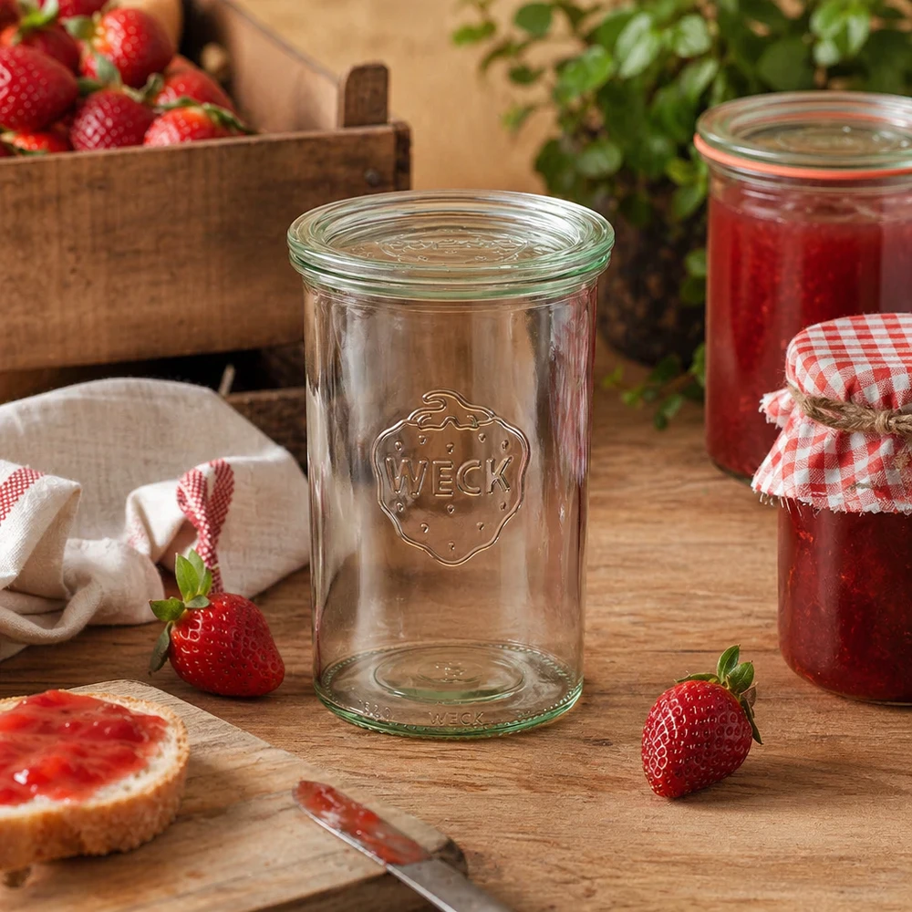 Copos WECK RR100 de 1000 ml dispostos de forma decorativa numa cozinha rústica com morangos e compota caseira