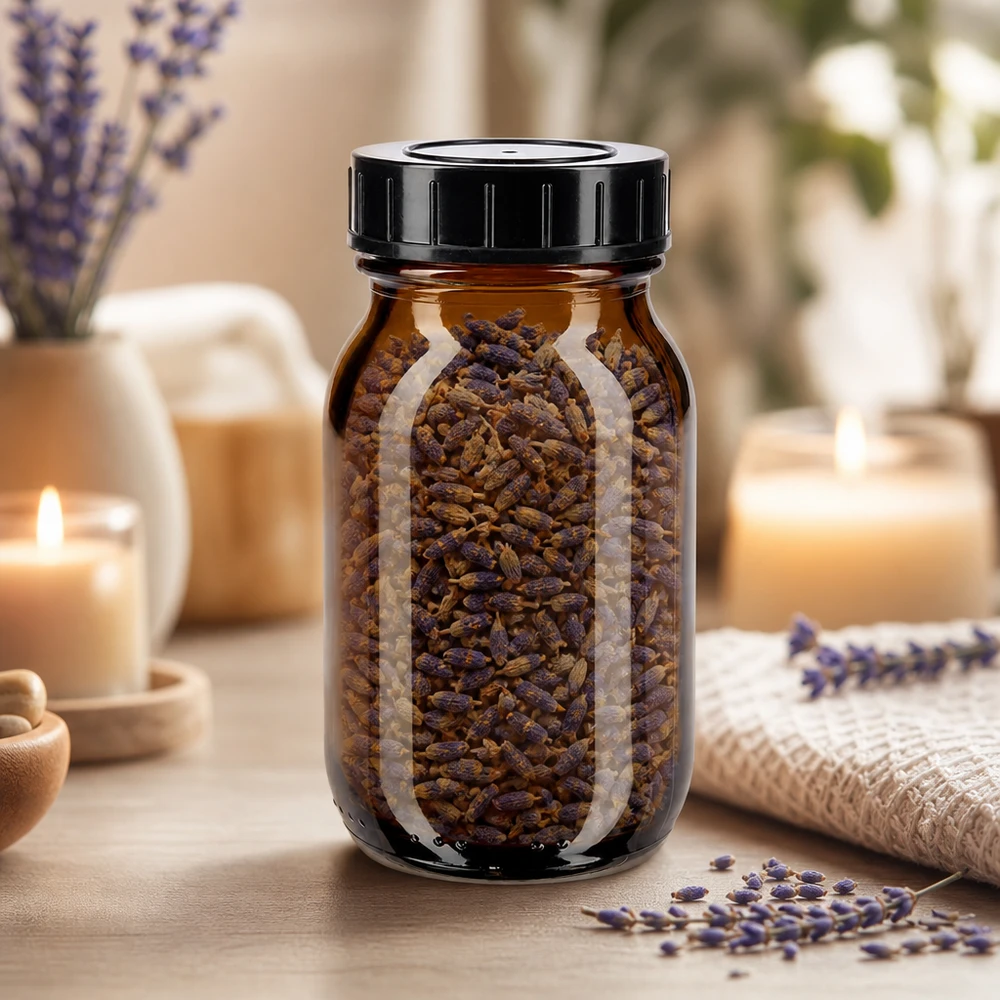 Frasco de vidro âmbar com gargalo largo de 100ml com tampa de rosca Frasco de gargalo largo de 100 ml em vidro de cor âmbar com tampa preta para uma conservação à prova de aromas