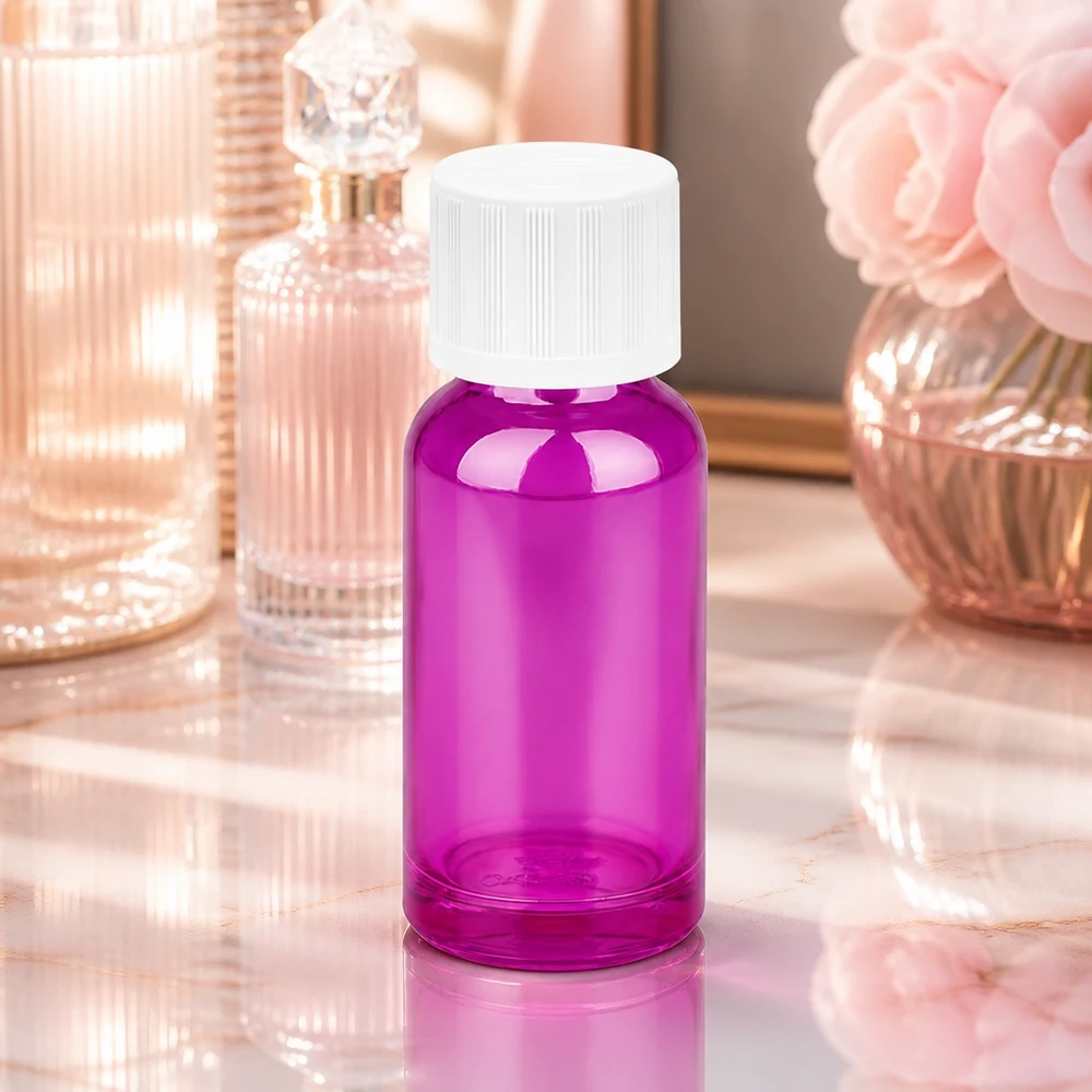 Frasco de vidro compacto de 20 ml em roxo moderno com tampa branca para cosméticos e perfumes DIY