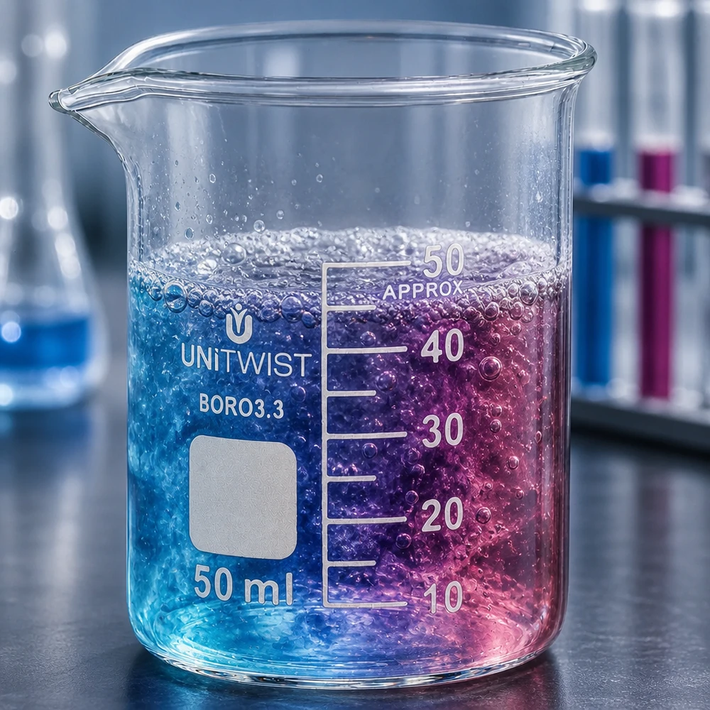 Copo 50 ml de borossilicato, baixo teor de bolor UNiTWIST Copo de vidro UNiTWIST de 50 ml, em borossilicato, de formato baixo, com um líquido de reação efervescente azul e rosa