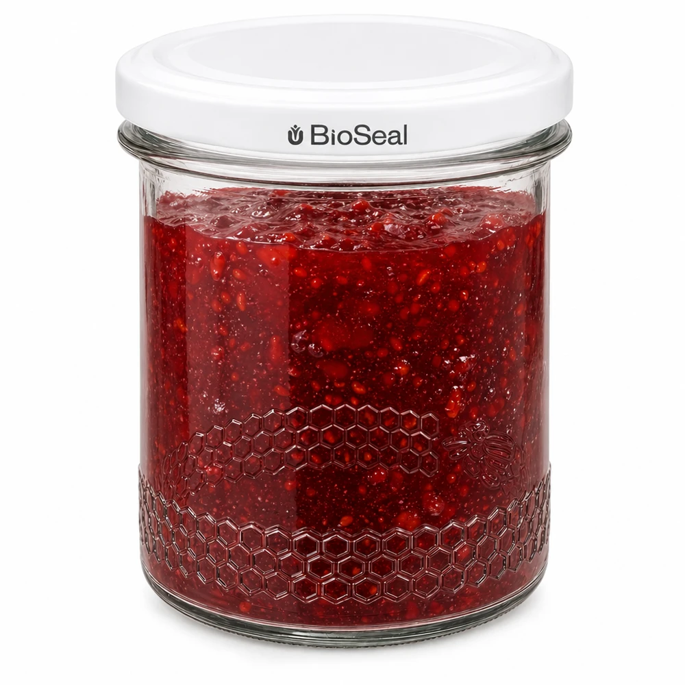 O frasco de conserva BioSeal de 400 ml cheio de compota vermelha apresenta um selo hermético e um relevo em forma de favo de mel no rebordo do frasco