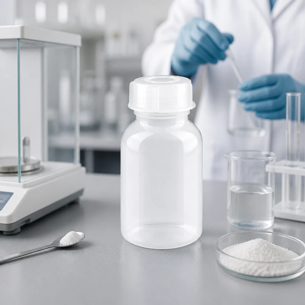Frasco de laboratório de 100 ml com gargalo largo e tampa de rosca Frasco de laboratório de gargalo largo de 100 ml com tampa de rosca, ao lado de uma balança analítica e de um copo de vidro