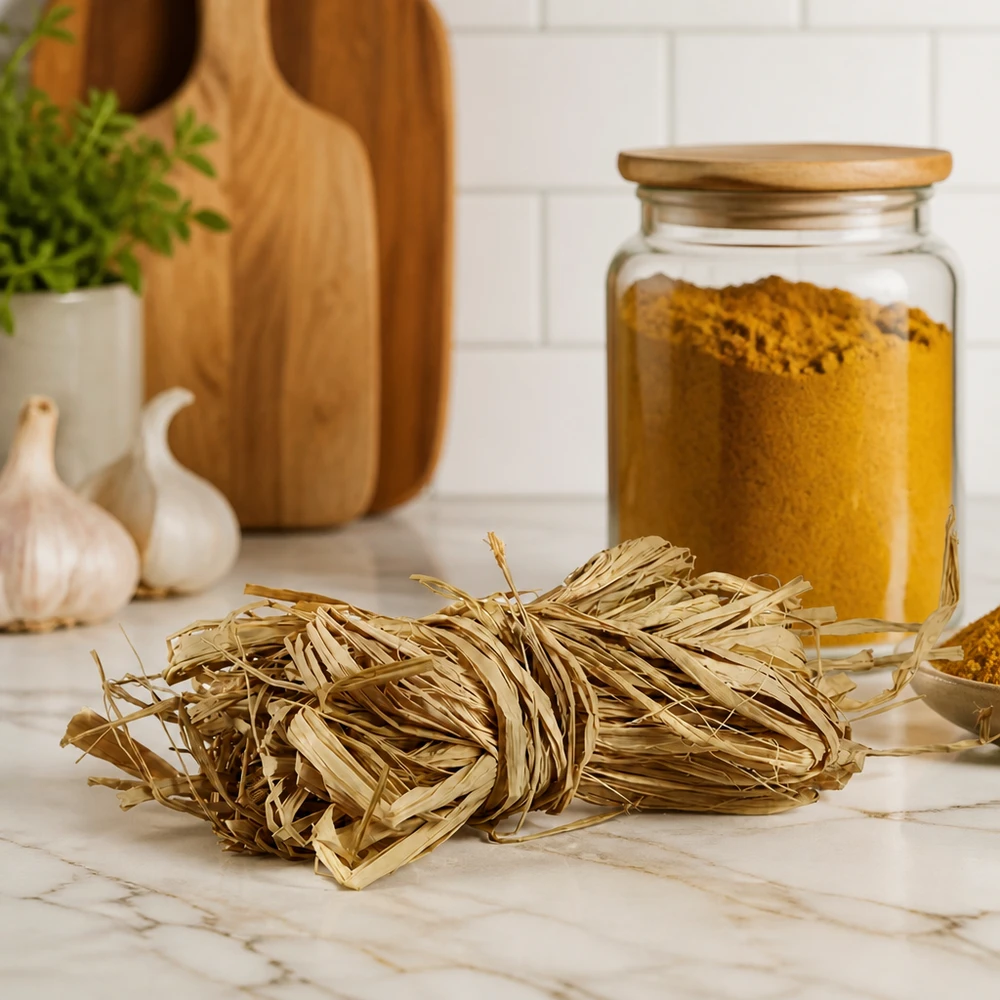 Corda natural para decoração, 30 g Ráfia natural 30g bege dourado sobre bancada de mármore com utensílios de cozinha mostra fibras decorativas naturais para a casa