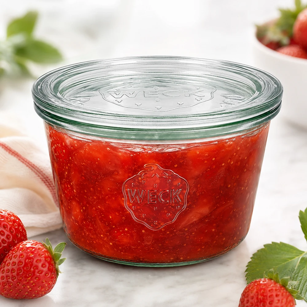 Copos WECK 370ml RR100 cheios de compota de morango vermelha rodeada de morangos frescos numa superfície branca