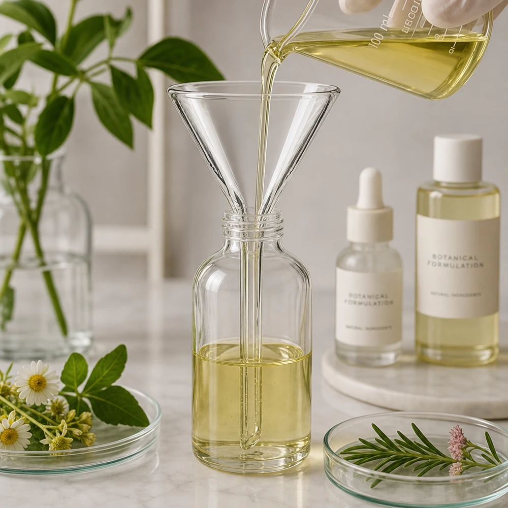 Funil ø35mm cal sodada, ângulo 60°, estilo curto Funil de vidro compacto com abertura de 35 mm e pega curta para facilitar o manuseamento durante a decantação