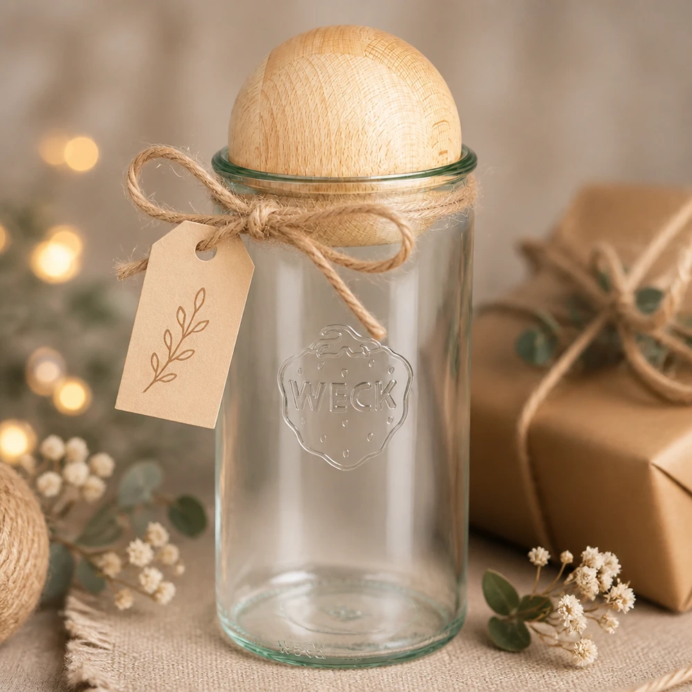 Frasco cilíndrico de 1590ml WECK RR100 com bola de madeira faia Frasco de conserva WECK 1590ml RR100 com bola de madeira de faia como ideia de presente com pendente num ambiente decorativo acolhedor