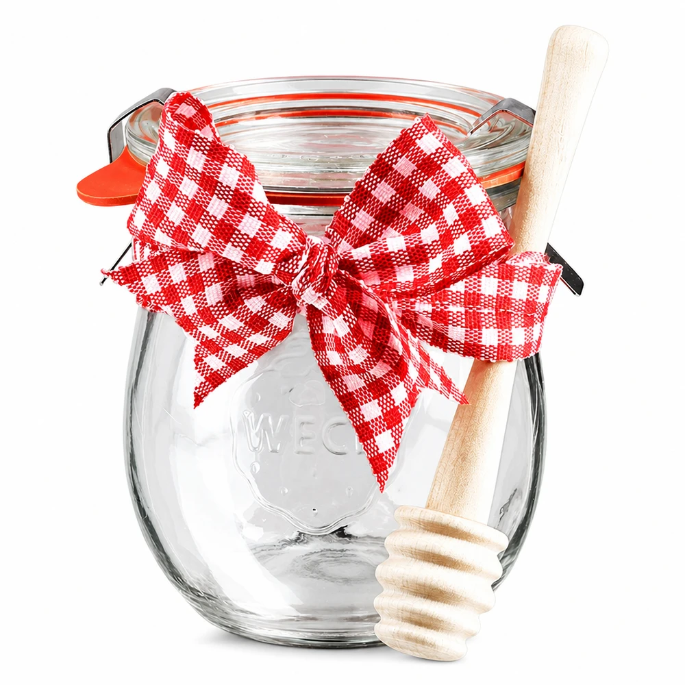 Mini frasco tulipa WECK de 220 ml com tampa, laço vermelho e colher de mel de madeira, conjunto completo de frascos para conservas